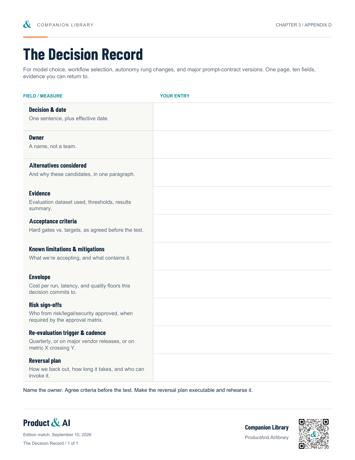 The Decision Record: a practical worksheet with fields for a decision, owner, alternatives, and evidence.