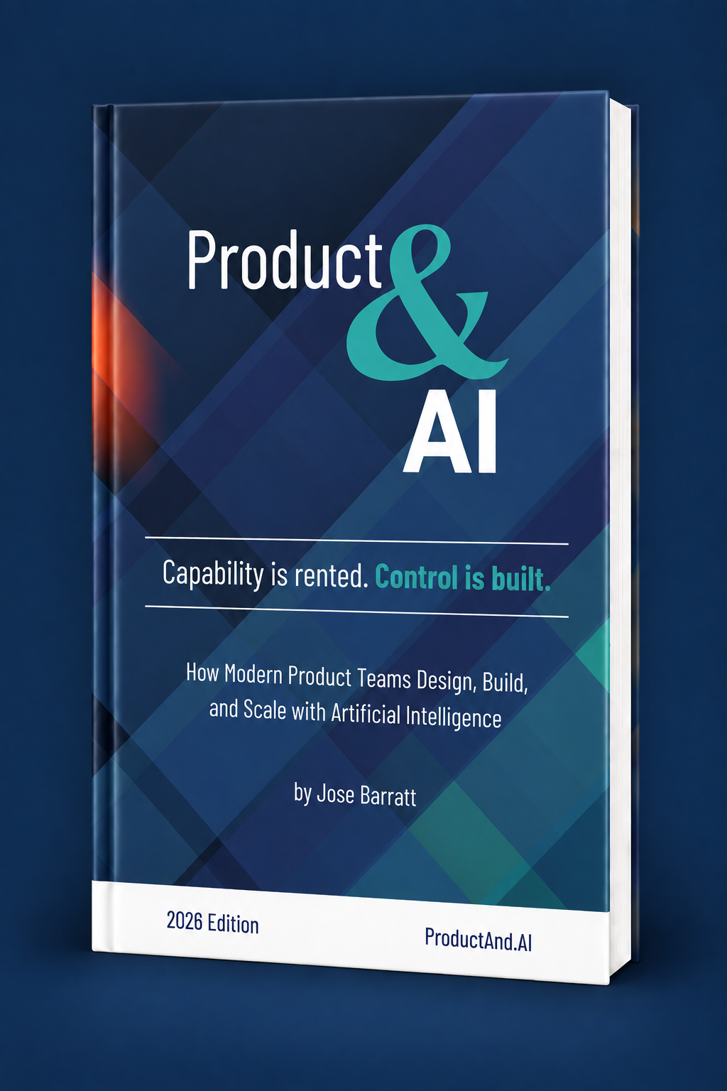 Product & AI hardcover, shown nearly front-on with its teal ampersand, orange accent, and a slim white page edge on the right.