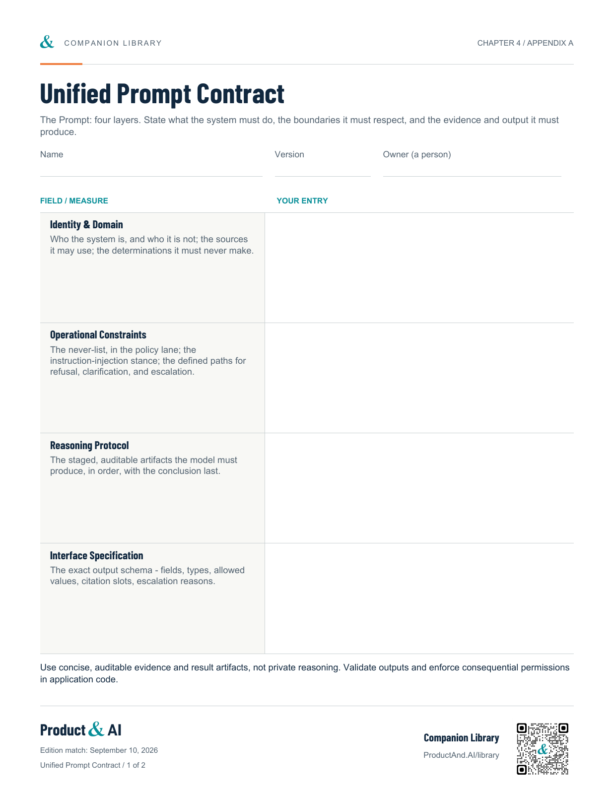 The Unified Prompt Contract worksheet.